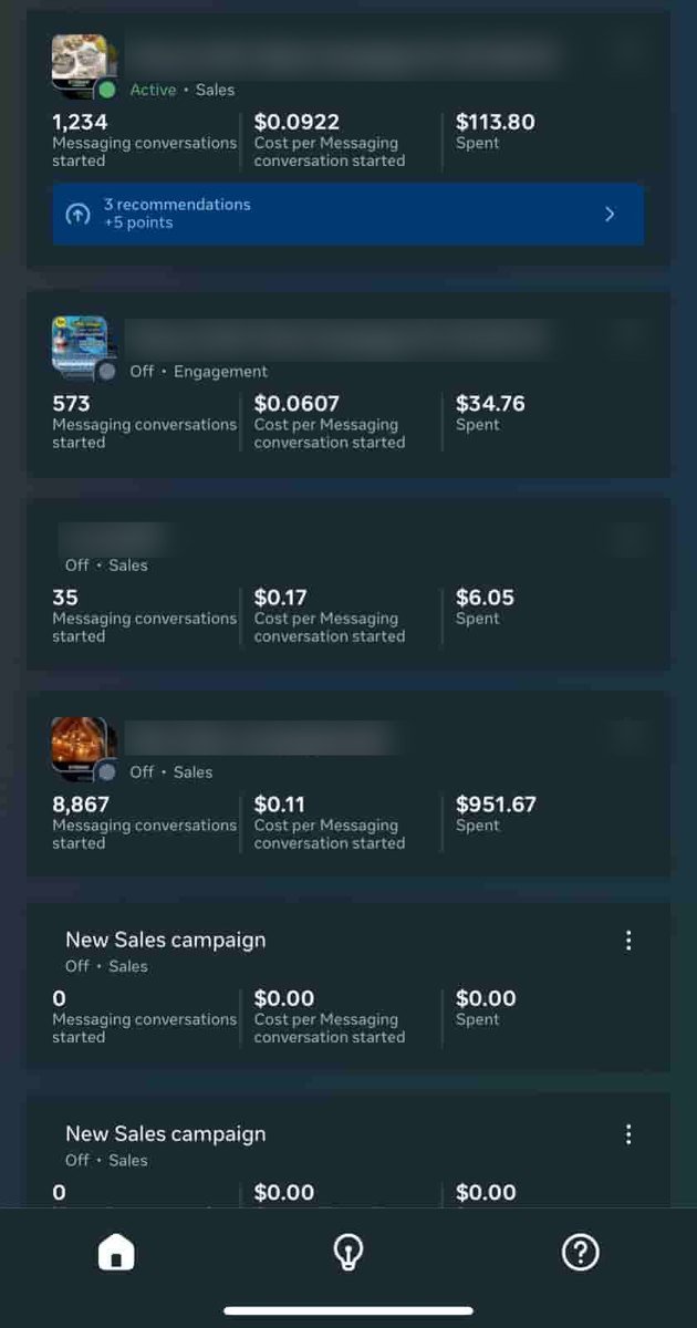 E-commerce campaign dashboard showing 8,867 messaging conversations at USD 0.11 and 1,234 sales conversations at USD 0.0922 cost per result