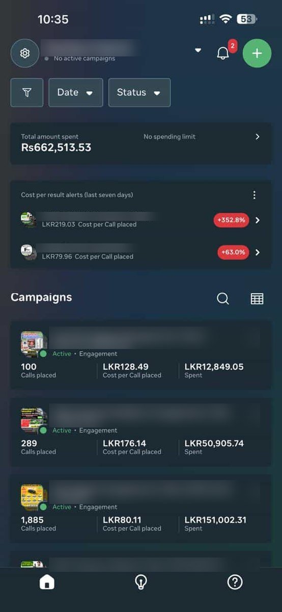 Meta Ads Manager dashboard showing LKR 662,513 total ad spend and cost per result alerts flagging a 352.8% rise in cost per call