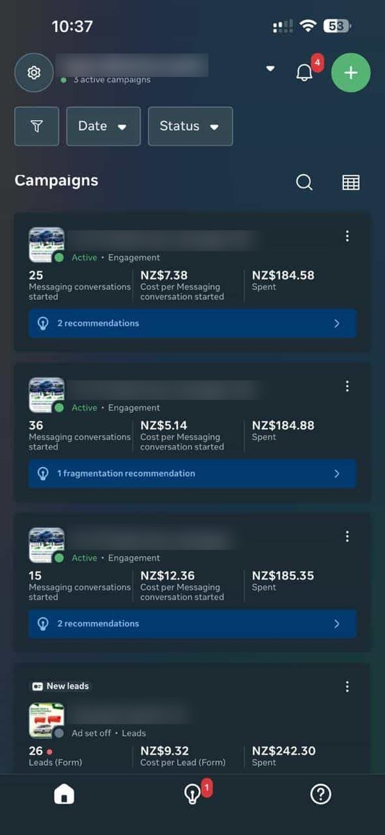 Overseas Meta ads account in New Zealand dollars showing messaging conversations at NZ$5.14 to NZ$12.36 and form leads at NZ$9.32